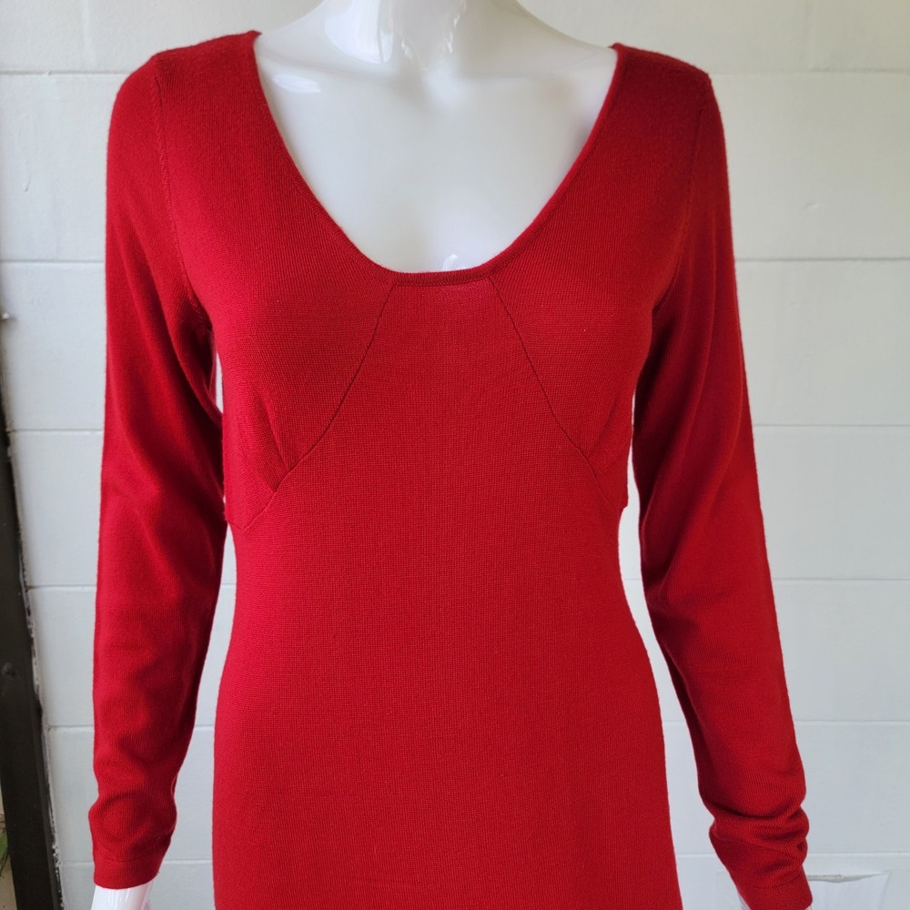 Bloomingdale's Vintage 90s Sweater Dress Red Women's S Woolmark Merino Ruffle - Picture 2 of 9